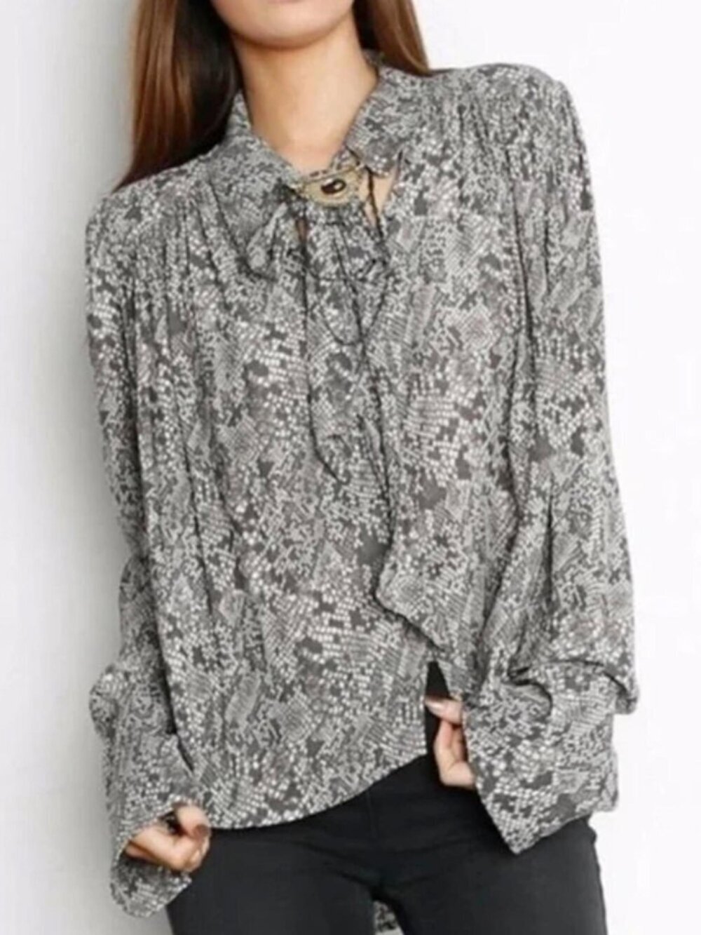 Free People Modern Muse Snakeskin Button Down Peasant Bouse Size Small
